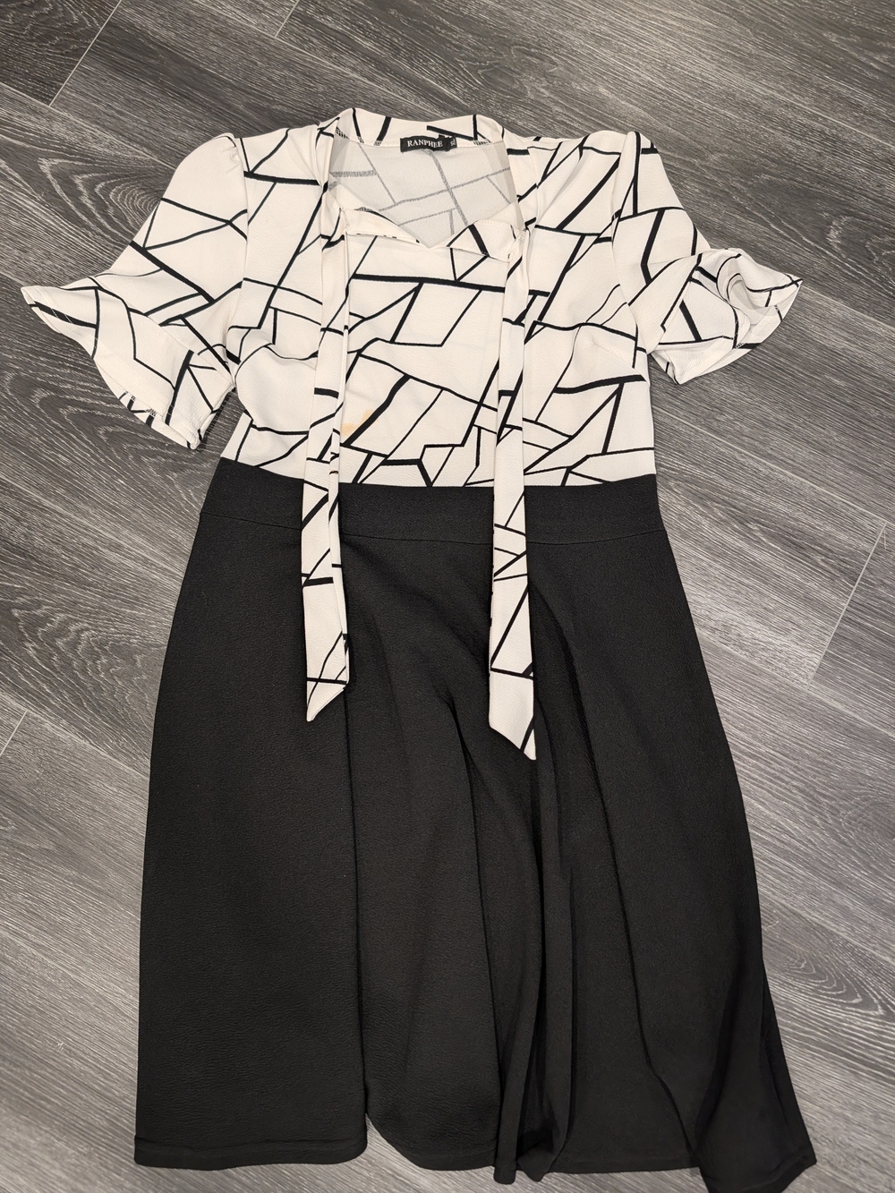 Black & White Geometric Midi Dress with Tie Neck